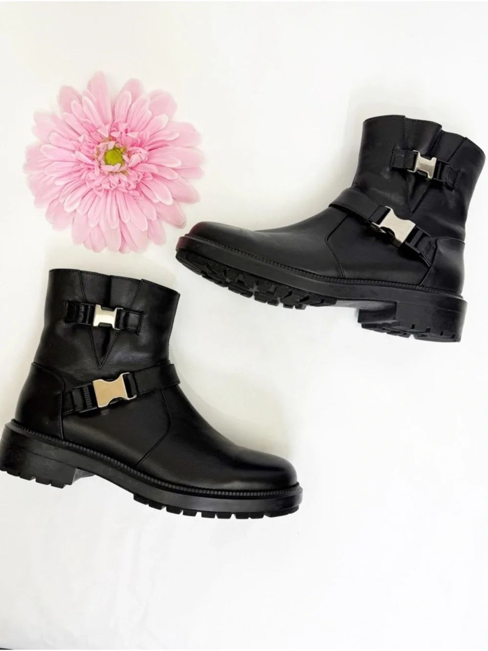 Aquatalia Lillie Moto Leather Ankle Boots Buckle Black Silver